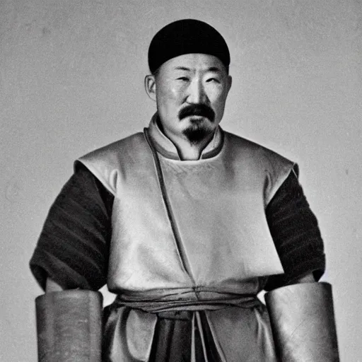 Prompt: genghis khan as a janitor in a dimly lit elementary school