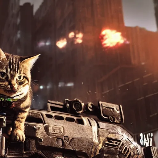 Image similar to lil bub the cat in gears of war, splash art, movie still, cinematic lighting, dramatic, octane render, long lens, shallow depth of field, bokeh, anamorphic lens flare, 8 k, hyper detailed, 3 5 mm film grain