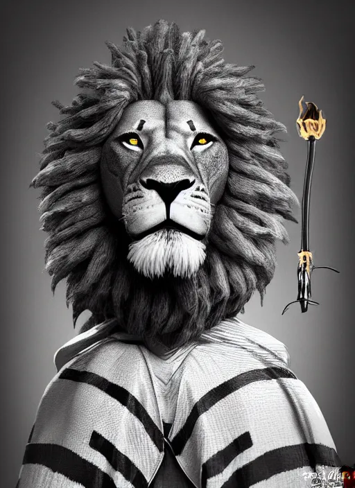 Prompt: an anthropomorphic beautiful male lion wizard portrait holding torch wearing stripes robe, dreadlock breed hair, fine art, award winning, intricate, elegant, sharp focus, octane render, hyperrealistic, cinematic lighting, highly detailed, digital painting, 8 k concept art, art by jamie hewlett and z. w. gu, masterpiece, trending on artstation, 8 k