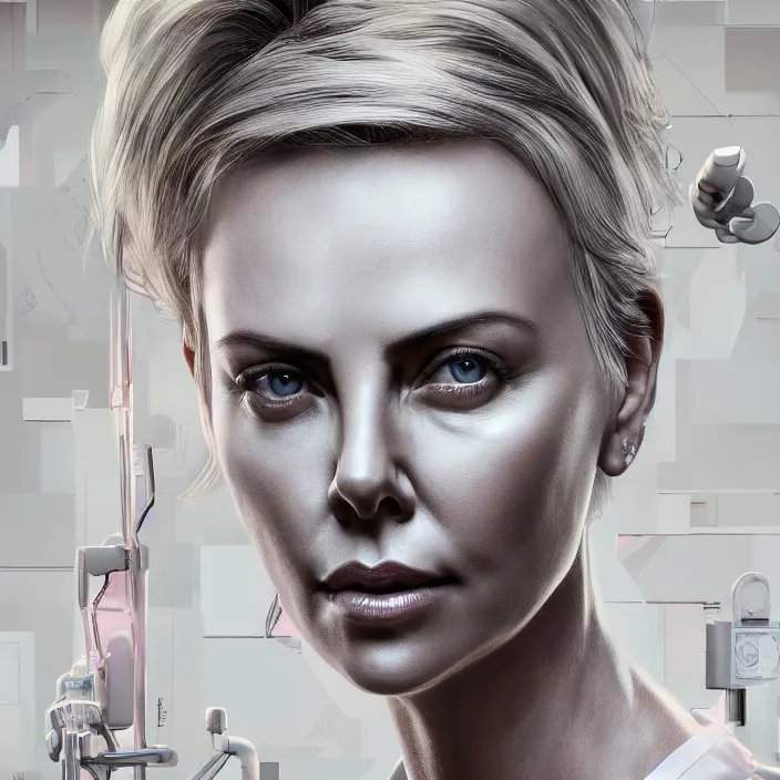 Image similar to portrait of charlize theron as a nurse. intricate abstract. intricate artwork. by tooth wu, wlop, beeple, dan mumford. octane render, trending on artstation, greg rutkowski very coherent symmetrical artwork. cinematic, hyper realism, high detail, octane render, 8 k, iridescent accents