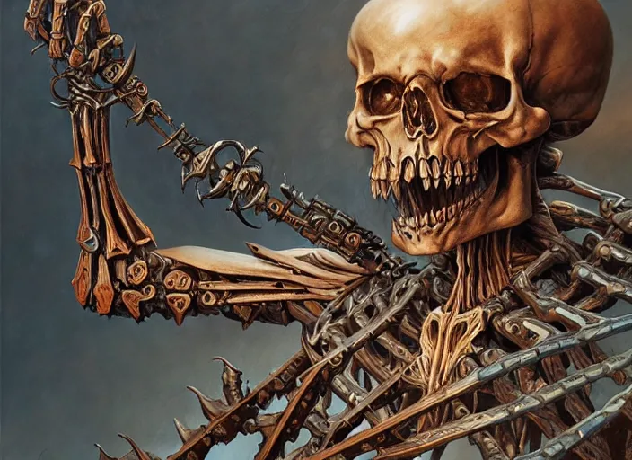 Image similar to an intricate skeletal mechanical evil warrior, highly detailed 4 k painting, dramatic cold light, style of gerald brom