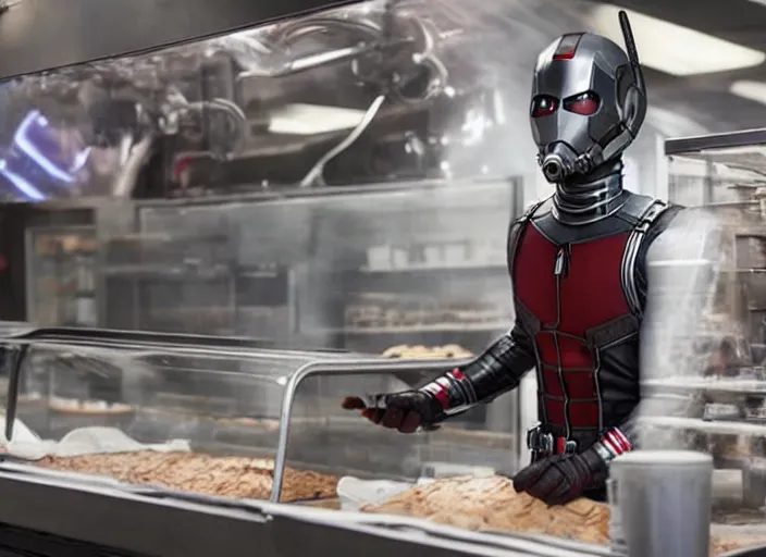 Prompt: film still of Antman working in a bakery in the new Avengers movie, 4k