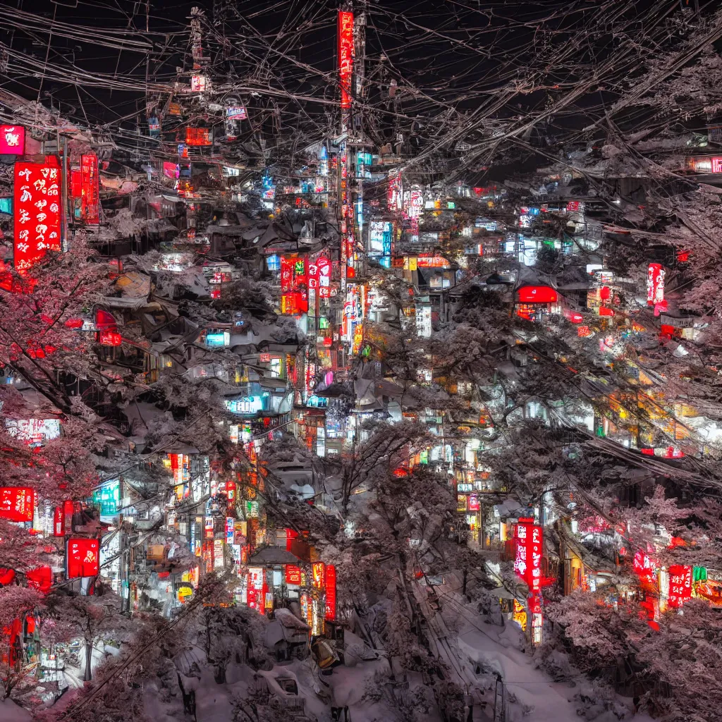 Image similar to a Japanese cyberpunk shrine, snowing, photograph,, sharp focus, intricate detail, drone shot, high resolution, 8k, neon streetlights, wires hanging down everywhere, Japan, colourful,,