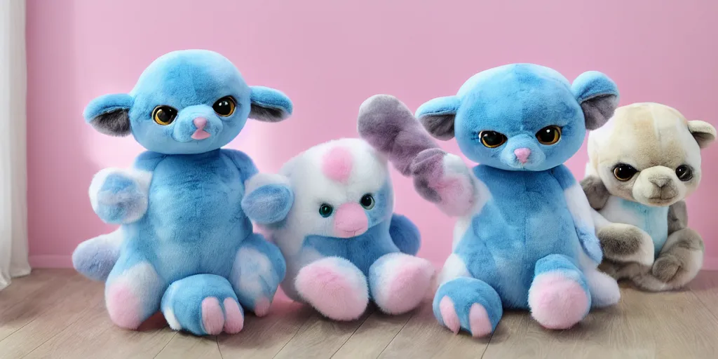 Prompt: 3 d precious moments plush animal with realistic fur and a blue / white / gray / green / pink / tan / mid pink / blue gray color scheme, landscape with blue / white / gray / green / pink / tan / mid pink / blue gray color scheme palette, master painter and art style of john william waterhouse and caspar david friedrich and philipp otto runge