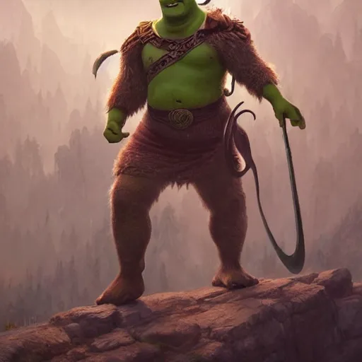 Prompt: shrek as an ancient mythological warrior deity, epic fantasy illustration, portrait, godly and ethereal, by greg rutkowski