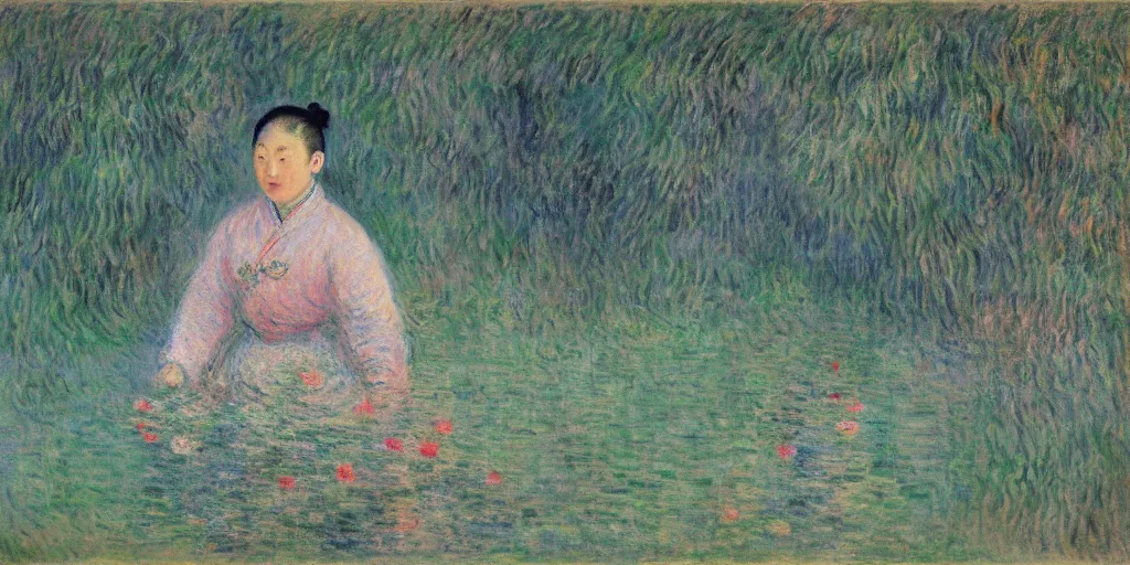 Image similar to A portrait of WANG2MU by Monet, in the Monet style.