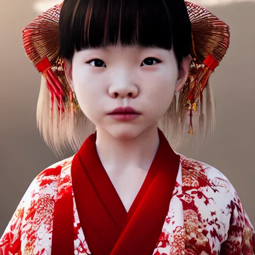 Prompt: beautiful albino Asian girl kid in a fancy kimono, unreal engine octane, red and white, portrait, gliter, depth of field, 8k, hyper detailed