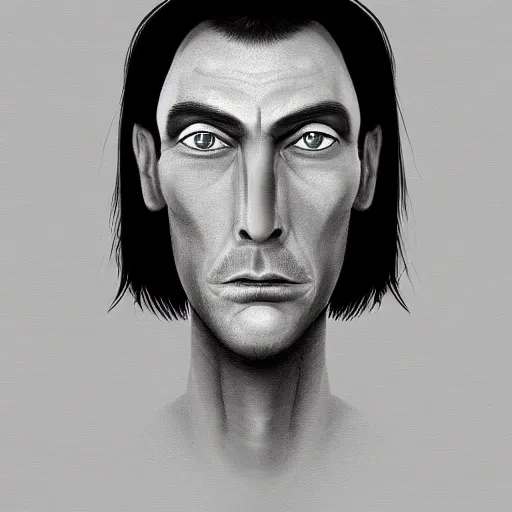 Prompt: face portrait a thin man with long black hair, curtain haircut, a large hooked nose, dark penetrating eyes, highly detailed, digital art