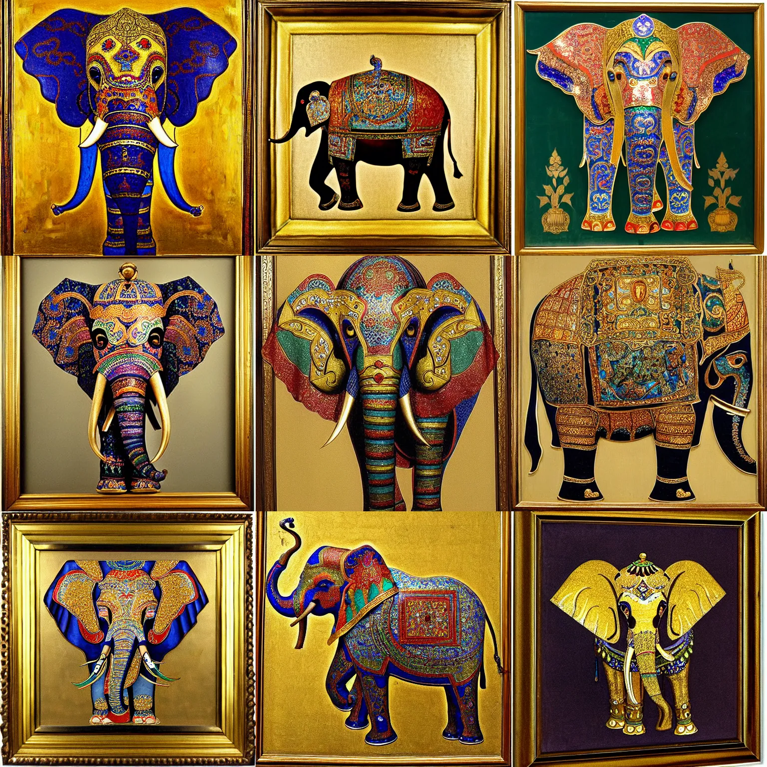 Prompt: symmetrical cloisonnism gilded painting of a symmetrical elephant, by rembrandt