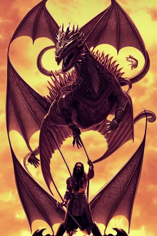 Prompt: beautiful, ethereal khal drogo ( jason momoa ) riding a dragon, intricate art deco dragon designs, elegant, highly detailed burning background, sharp focus, game of thrones art by artgerm and beeple and greg rutkowski and wlop