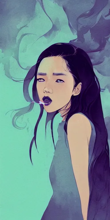 Image similar to candid!! long portrait of a very very beautiful! young filipino woman with narrow face, large eyes and flowing long hair, swirling dreamy smoke and fog is coming from her mouth, face partially obscured, by conrad roset, abstract background, dramatic lighting, trending on artstation