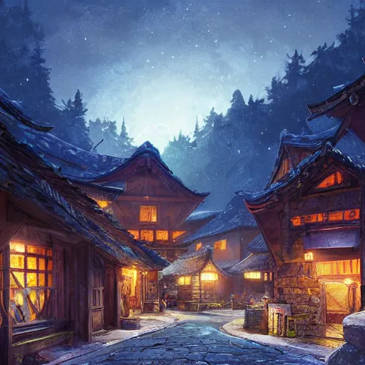 Image similar to concept art painting of a cozy village at night in a mountainous forested valley, historic european and japanese architecture, realistic, detailed, cel shaded, in the style of makoto shinkai and greg rutkowski and james gurney