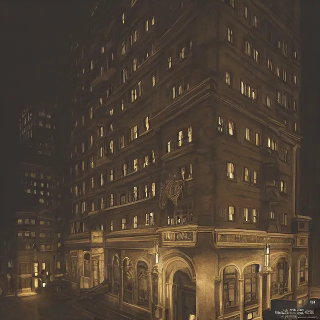 Image similar to painting of a 1 9 2 0 s gothic style hotel in downtown boston, overlooking a dark street, architectural, atmospheric lighting, brooding, painted, intricate, ultra detailed, well composed, best on artstation, cgsociety, epic, stunning, gorgeous, intricate detail, much wow, masterpiece, cinematic aesthetic octane render, 8 k hd resolution,