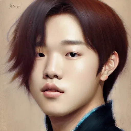 Prompt: a beautiful portrait of a Jimin from BTS, (SFW) SAFE FOR WORK by Edgar Maxence and Ross Tran