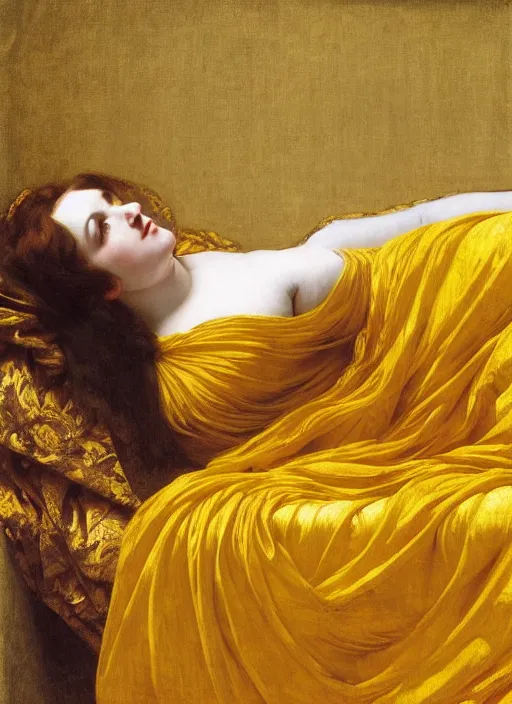 Prompt: masterpiece portrait of lady reclining on bed flowing sheets wearing yellow ochre ornate medieval dress, vertical, foreshortening, colour photography by frederic leighton, william morris, 8 k