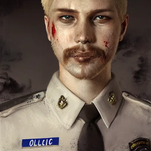 Image similar to portrait painting of a smiling police officer with pale skin short blond hair a patchy beard and blood stains on his mouth, sharp focus, ultra realistic, concept art, intricate details, eerie, highly detailed, photorealistic, octane render, 8 k, unreal engine. art by artgerm and charlie bowater and greg rutkowski