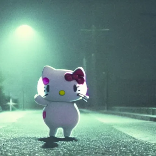 Image similar to film still of a monstrous creature shaped like a hello kitty crawling on an empty street beneath a lamp, grainy, horror movie, creepy, eerie, dark, great cinematography, amazing lighting, old, found footage, grainy, directed by scott derrickson