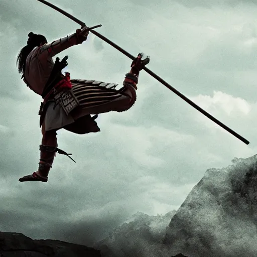 Prompt: samurai epic jump, movie shot, 35mm, feels epic, atmospheric, photo-real, 8K render, cinematic lighting