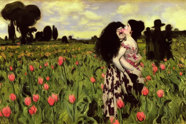 Image similar to hagrid and morticia addams kiss in a field of tulips, masterpiece, highly detailed, oil on canvas, art by walter sickert, john singer sargent, and william open