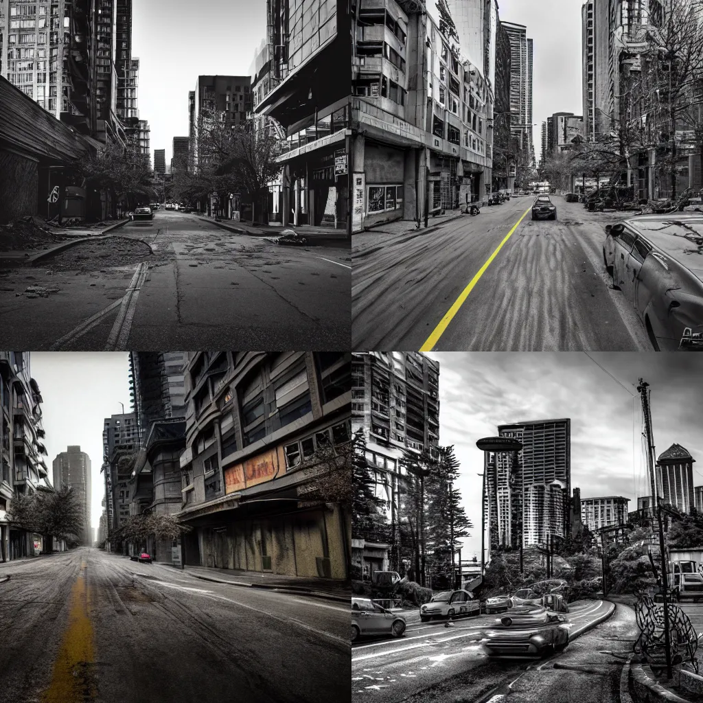 Prompt: post-apocalyptic Seattle street view, realistic photograph, cinematic, 4k, hd