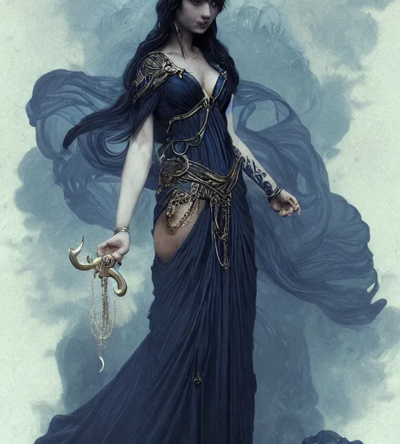 Image similar to god of death, in the underworld, elegant dark blue dress, very detailed, throne, very intricate details, jewelry, delicate tattoos, elaborate long hairstyle, cinematic, artstation, william bouguereau, greg rutkowski, rossdraws, octane render