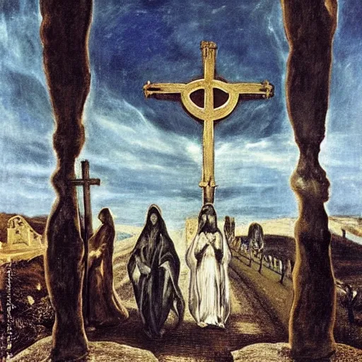 Prompt: A Holy Week procession of four souls in a Spanish landscape at night. A figure at the front holds a cross. El Greco, Remedios Varo, Salvador Dali, Carl Gustav Carus, John Atkinson Grimshaw. Blue tint. Symetrical, logo, geometric shapes.