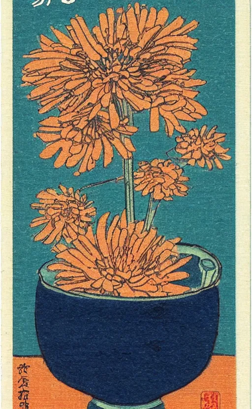 Prompt: by akio watanabe, manga art, a chrysanthemum flower inside a blue and very small sake cup, trading card front