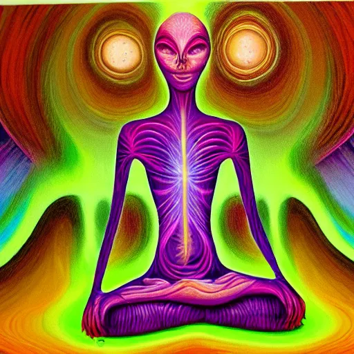 Image similar to painting of a tranquil alien made of light and glows meditating in dense forest by alex grey, acrylic art, ethereal, soothing, somber, elegant, warm light, cozy