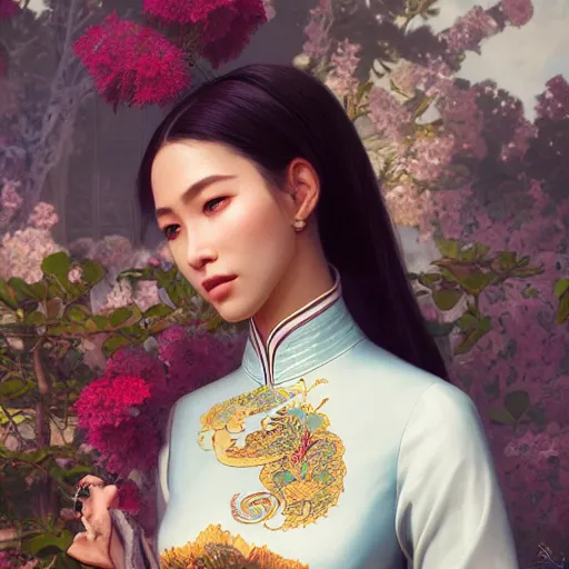 Image similar to woman wearing ao dai, ultra realistic, concept art, intricate details, highly detailed, photorealistic, octane render, 8 k, unreal engine. art by artgerm and greg rutkowski and alphonse mucha