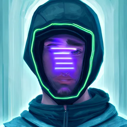 Prompt: a portrait of an ultradetailed futuristic cyberpunk wearing a hoodie on his head, bearded, deep blue eyes, by dylan kowalski, 8 k, purple neon colours, digital painting