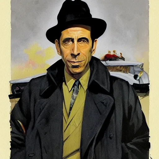 Image similar to “painting of Humphrey bogart as 1940s private eye, in trench coat and hat, noir atmosphere, by Robert McGinnis”