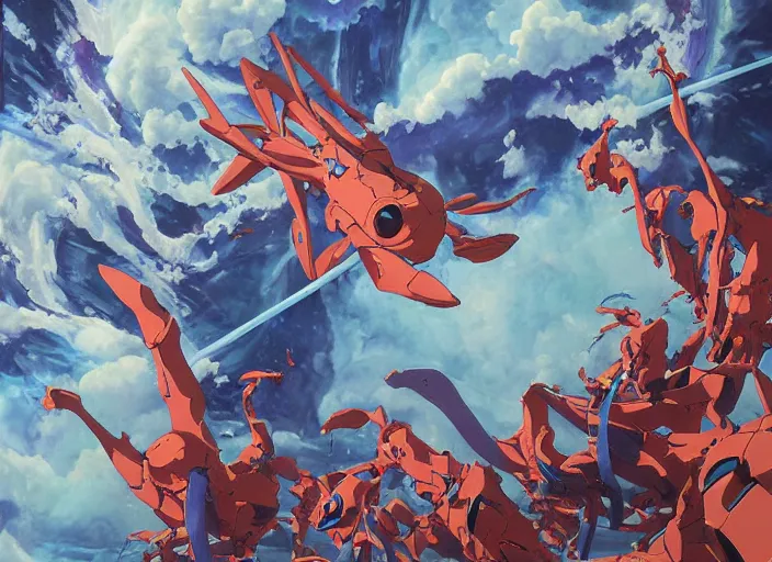 Image similar to third impact evangelion painting by james jean and katsuhiro otomo and erik jones, inspired by akira anime, smooth texture, intricate oil painting, high detail illustration, sharp high detail, long exposure