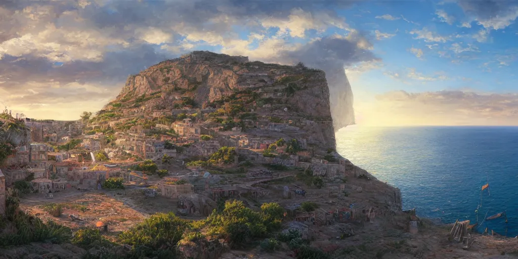 Prompt: looking out a house window on a cliff, fishing supplies on shelf near window, wide angle, sunset, a mediterranean phoenician fishing village below, over a chalk cliff, highly detailed, digital painting, artstation, concept art, sharp focus, illustration, art by artgerm and greg rutkowski and raphael lacoste and magali villeneuve