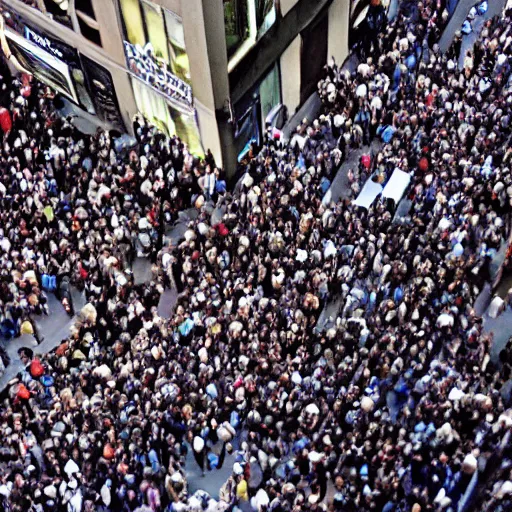 Image similar to a birdseye view of a crowd of people outside of a trendy nightclub in los angeles at night, directed by christopher nolan