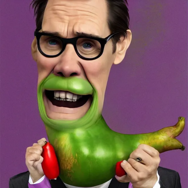 Image similar to jim carrey in a eggplant costume, trending on artstation