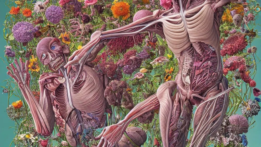 Image similar to highly detailed illustration of a human anatomy body exploded by all the known species of flowers by juan gatti, by moebius!, by oliver vernon, by joseph moncada, by damon soule, by manabu ikeda, by kyle hotz, by dan mumford, by kilian eng