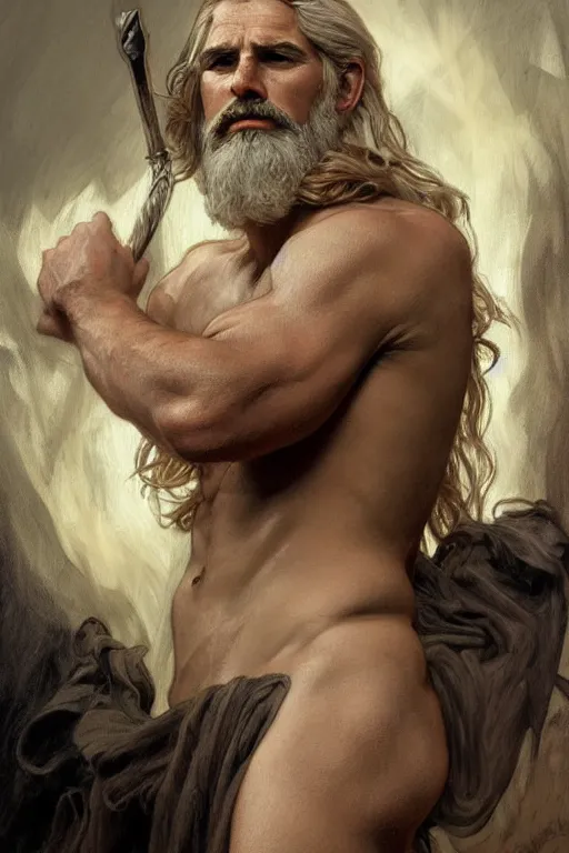 Image similar to painted portrait of rugged zeus, god of thunder, greek god, white hair, masculine, mature, handsome, upper body, muscular, hairy torso, fantasy, intricate, elegant, highly detailed, digital painting, artstation, concept art, smooth, sharp focus, illustration, art by gaston bussiere and alphonse mucha