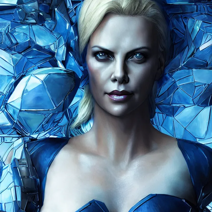 Image similar to charlize theron as mystique. x - men. intricate abstract. intricate artwork. by tooth wu, wlop, beeple, dan mumford. octane render, trending on artstation, greg rutkowski very coherent symmetrical artwork. cinematic, hyper realism, high detail, octane render, 8 k, iridescent accents