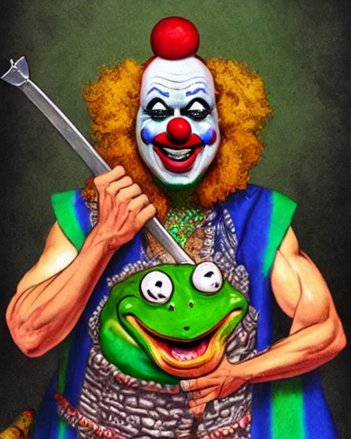 Image similar to clown frog king pulls the sword from the stone, clown frog king wearing clown makeup and rainbow wig, clown crown artwork by Glenn Fabry