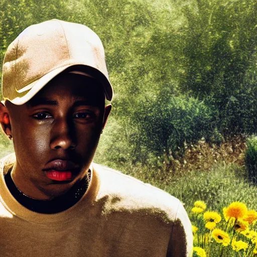 Prompt: A photo of Tyler the Creator in the middle of a garden, 8K concept art, dreamy, garden, bushes, flowers, golden hour, vintage camera, detailed, UHD realistic faces, award winning photography, cinematic lighting