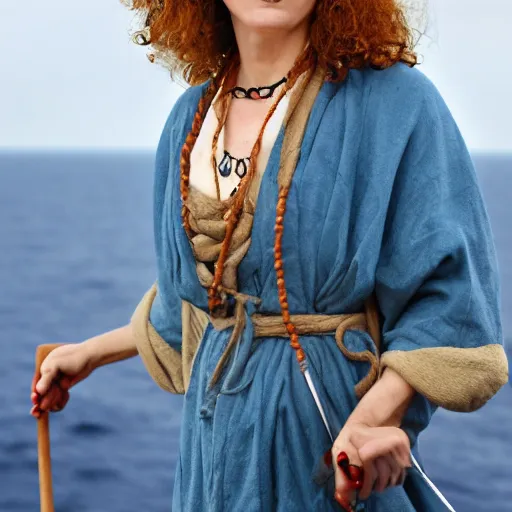 Image similar to a woman looking sick and curled up in a ball on the deck of a ship, a beautiful english woman with a long face narrow nose pale skin blue eyes red lips and wild messy tangles of curly white blonde hair, high resolution film still wearing a black robe and skull necklace and holding a spear, sandy, a journey to the west