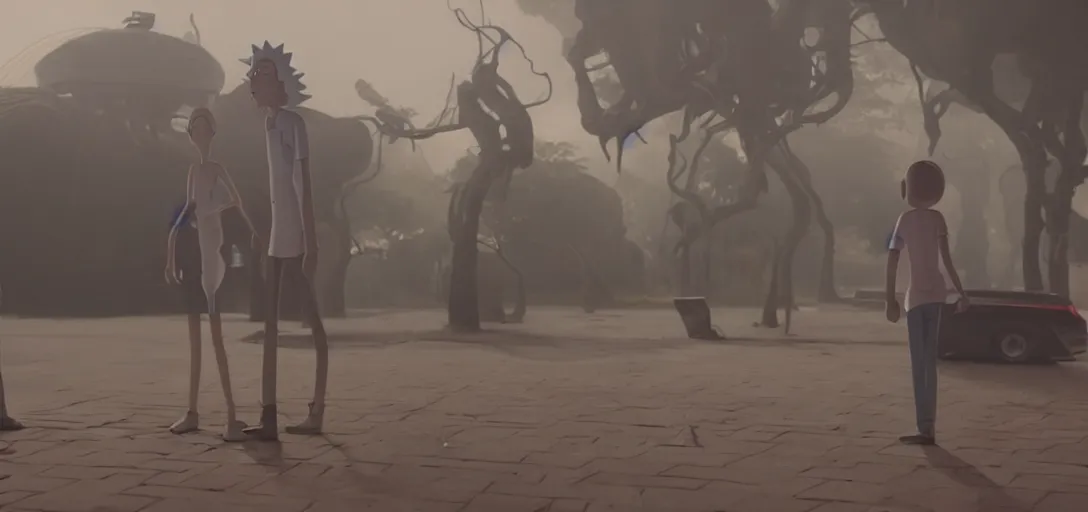 Prompt: rick and morty, foggy, cinematic shot, photo still from movie by denis villeneuve, wayne barlowe