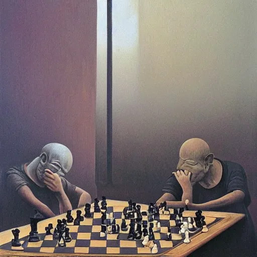 Image similar to oil painting depicting people playing chess, painting by zdzislaw beksinski