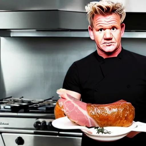 Image similar to gordon ramsay's face on a cooked leg of ham