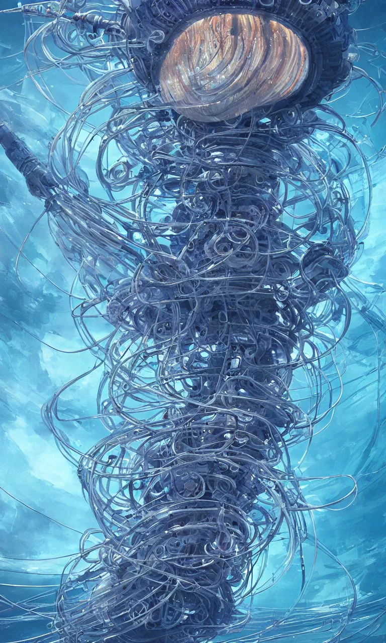 Image similar to Panorama hyper detailed painting of a cyberpunk jellyfish, cables everywhere, blue tones, underwater, 8 mm, highly detailed, digital painting, artstation, concept art, smooth, sharp focus, illustration, art by artgerm and greg rutkowski and alphonse mucha