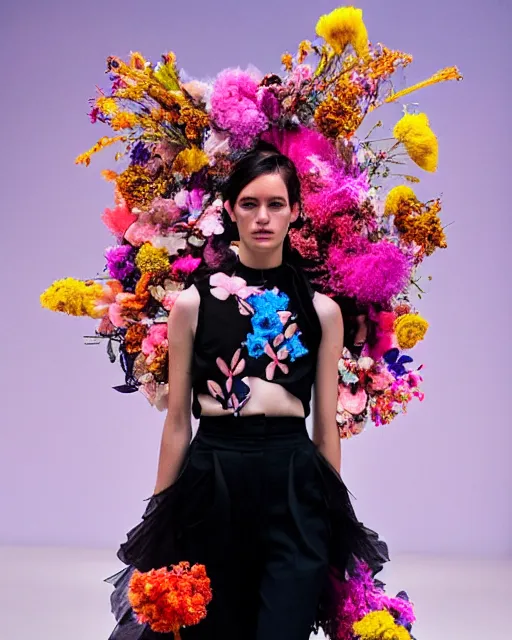 Prompt: olivia wearing an outfit made from flowers, catwalking at new york fashion week, attractive sporty physique, black hair, freckles, pale skin, photo by greg rutkowski, stage lighting, soft colors, female beauty, intricate detail, elegance, 3 5 mm, depth of field, masterpiece