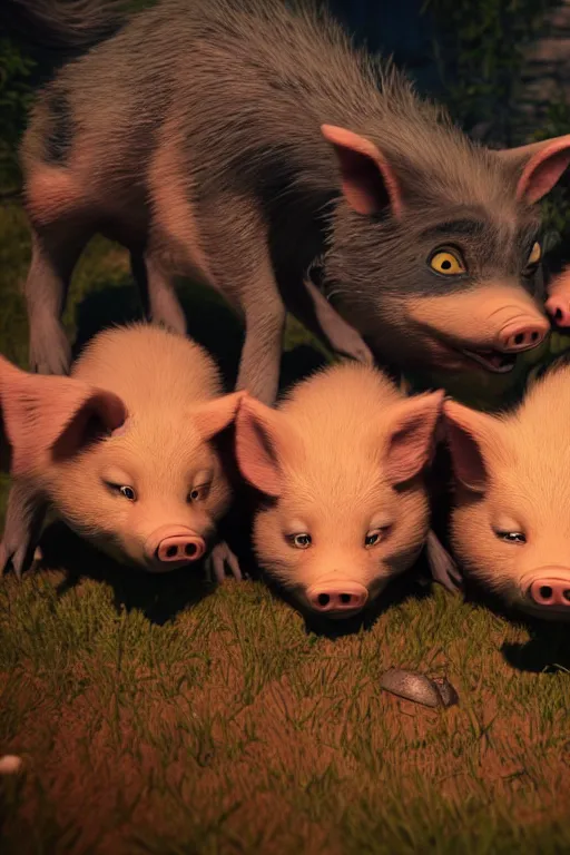 Image similar to three little pigs tickling the wolf who is begging for mercy. cinematic lighting, unreal engine, 8 k, hd extremely detailed. 4 k. award winning. ultra realistic photo.