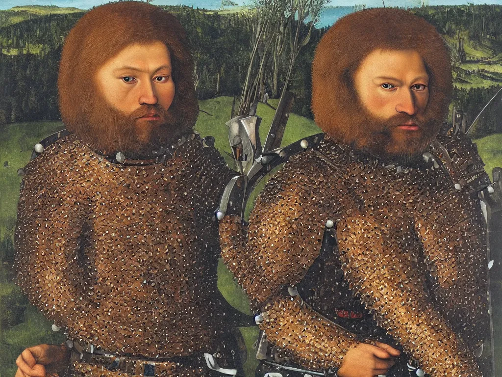 Image similar to portrait of man in siberian bear - hunting armor. painting by lucas cranach