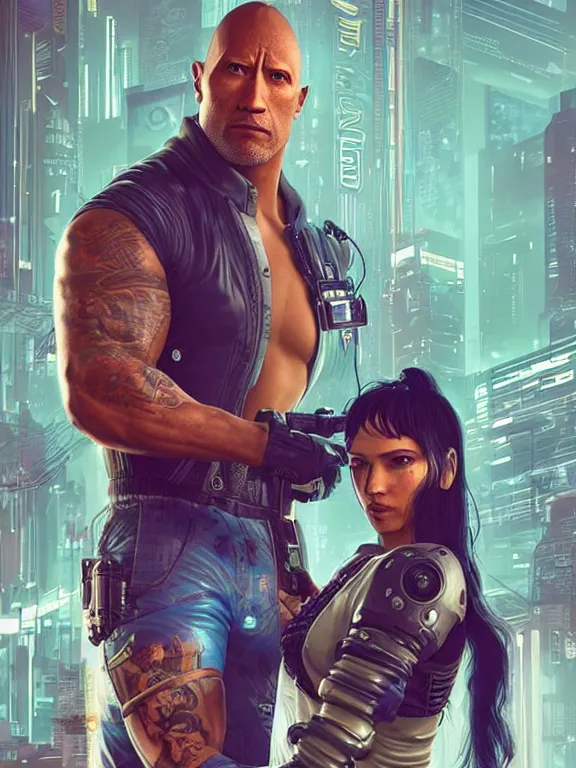 Image similar to a cyberpunk 2077 portrait of Dwayne Johnson holding a female android with tango pose,complex mess of cables and wires behind them connected to giant computer, love moive,film lighting, by laurie greasley,Lawrence Alma-Tadema,William Morris,Dan Mumford, trending on atrstation, full of color,face enhance, highly detailed,8K, octane,golden ratio,cinematic lighting