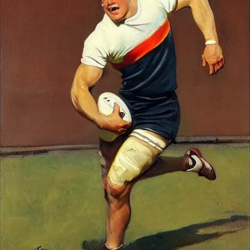 Image similar to handsome blonde rugby player in a running pose, side view, holding the rugby ball in his arm, full color painting by J.C. Leyendecker